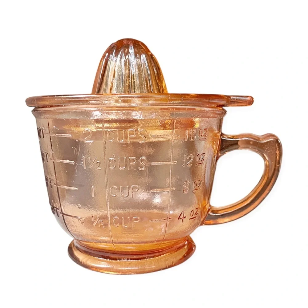 Depression Era Pink Peach Amber Glass Citrus Juicer Reamer w/2 Cup Measuring Cup - Picture 3 of 11